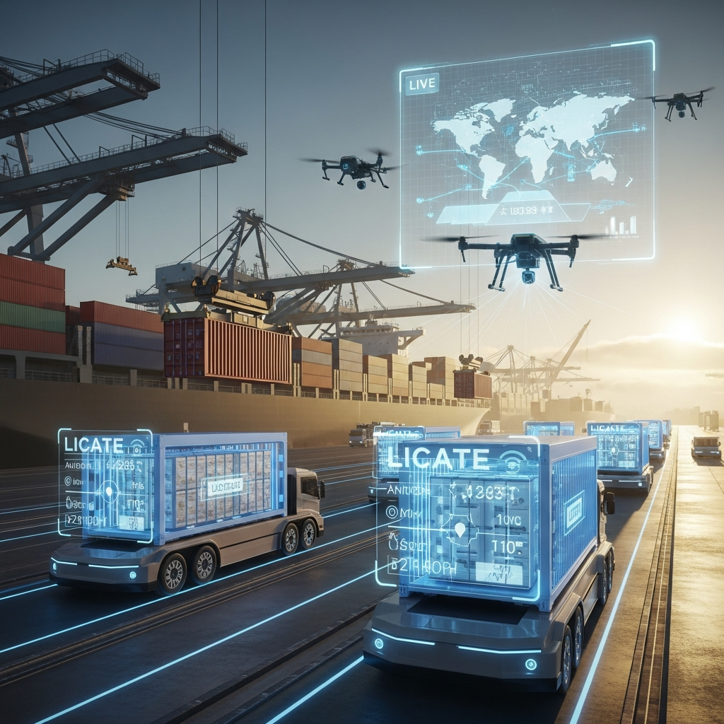 Visual representation of a smart logistics network with protected fragile packages in transit.