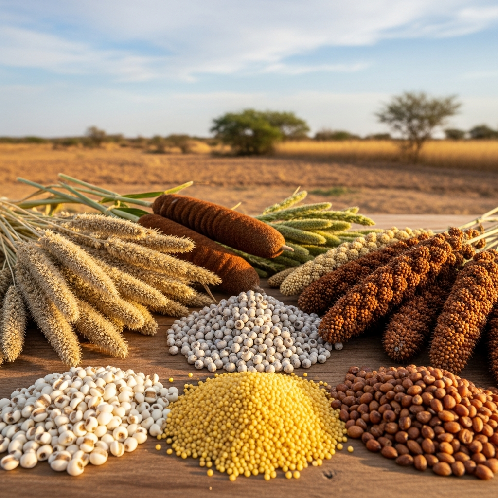 Visual representation of diverse millets (e.g., finger, pearl, foxtail) being harvested or displayed.