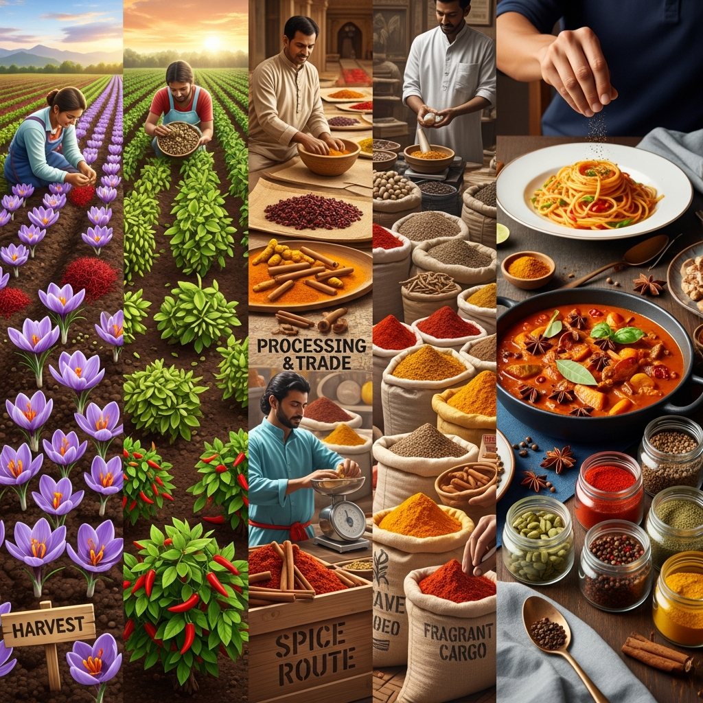 A diverse arrangement of colorful whole and ground spices