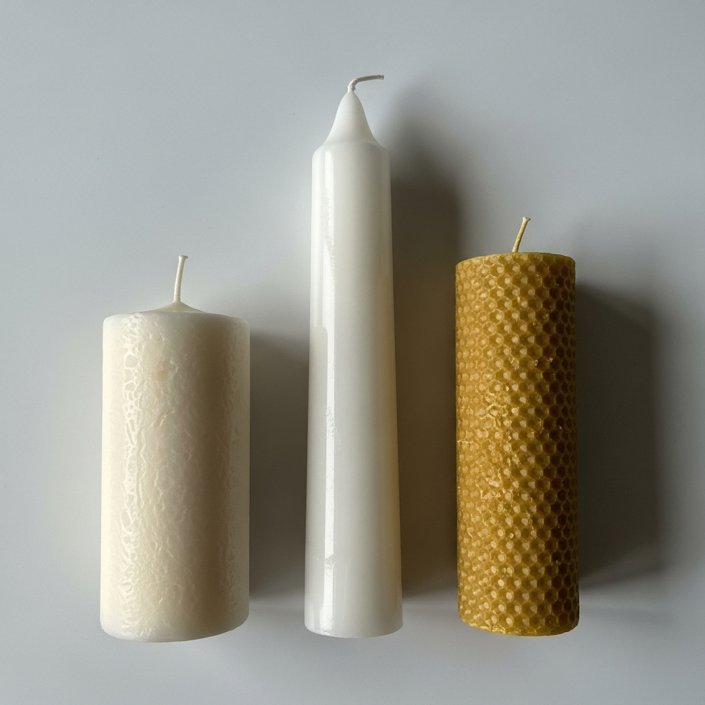 Three distinct candles showcasing different wax textures: the creamy matte finish of soy, the glossy translucence of paraffin, and the rich golden hue of beeswax.